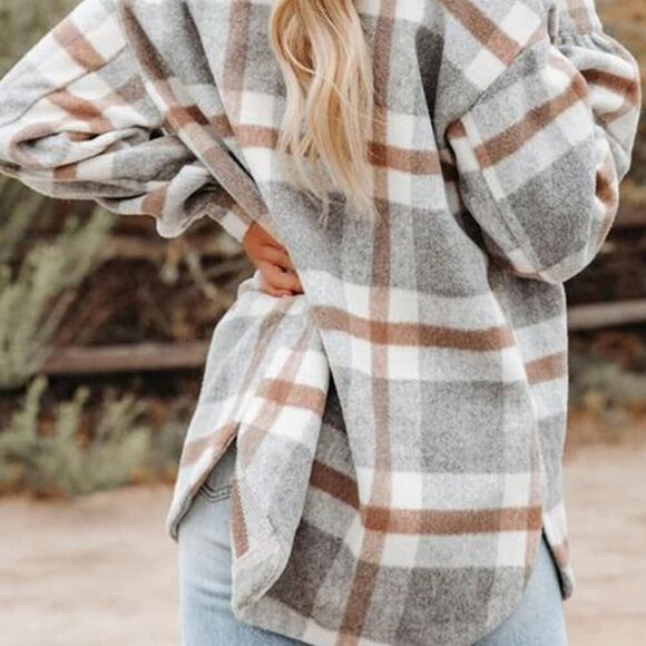 Women's Flannel Plaid Shacket Long Sleeve Button Down Shirts Jacket Coats with S - Picture 2 of 5